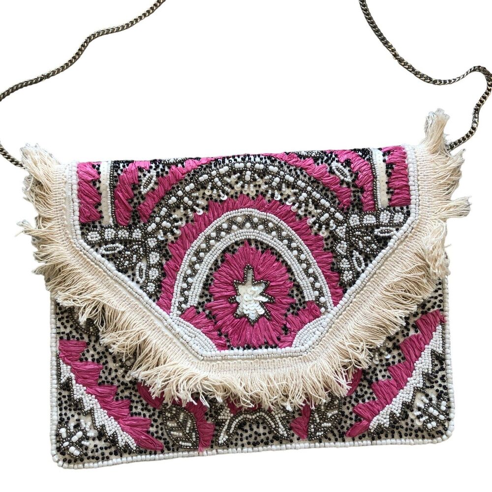 Lobe Love Pink and Cream Boho Embroidered Gypsy Fringe Bead Cross Body Bag - Picture 6 of 9